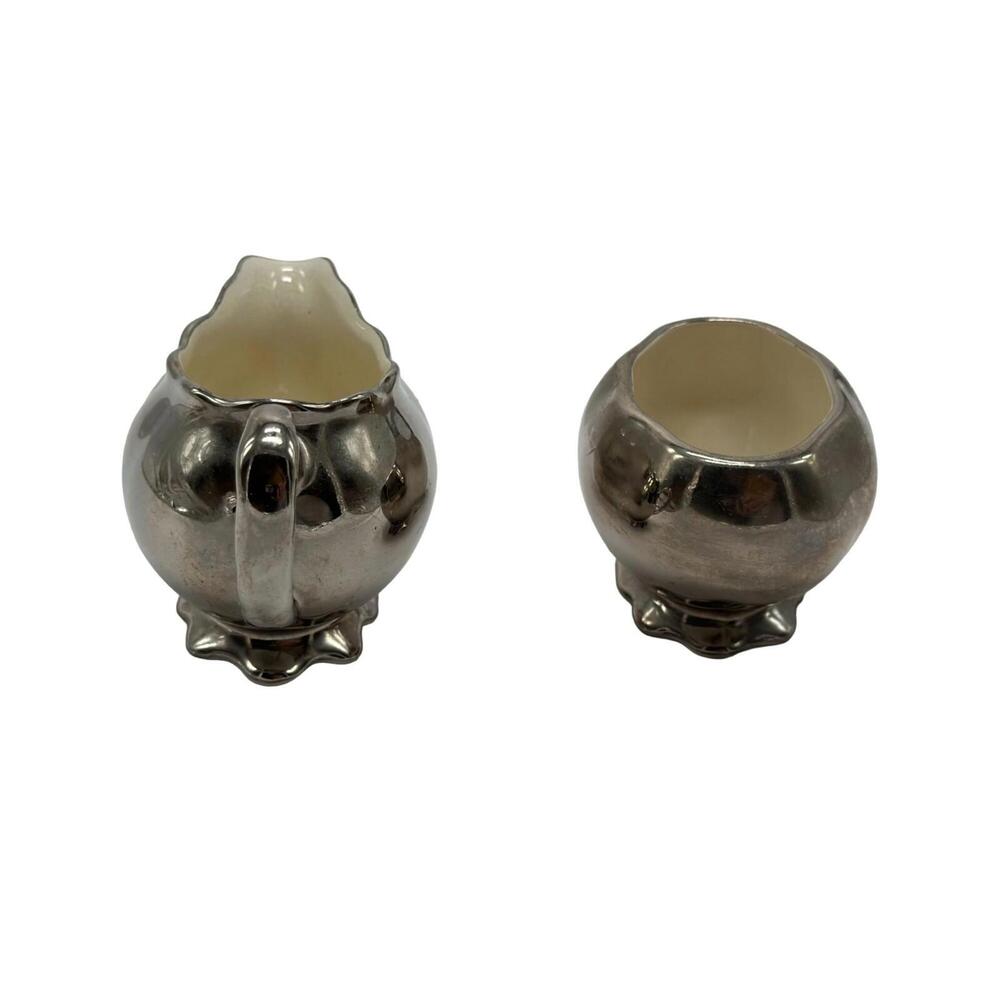 Vintage Grays Pottery Pewter Silver Tone Hand Painted Creamer Sugar Set Hanley - Picture 5 of 9